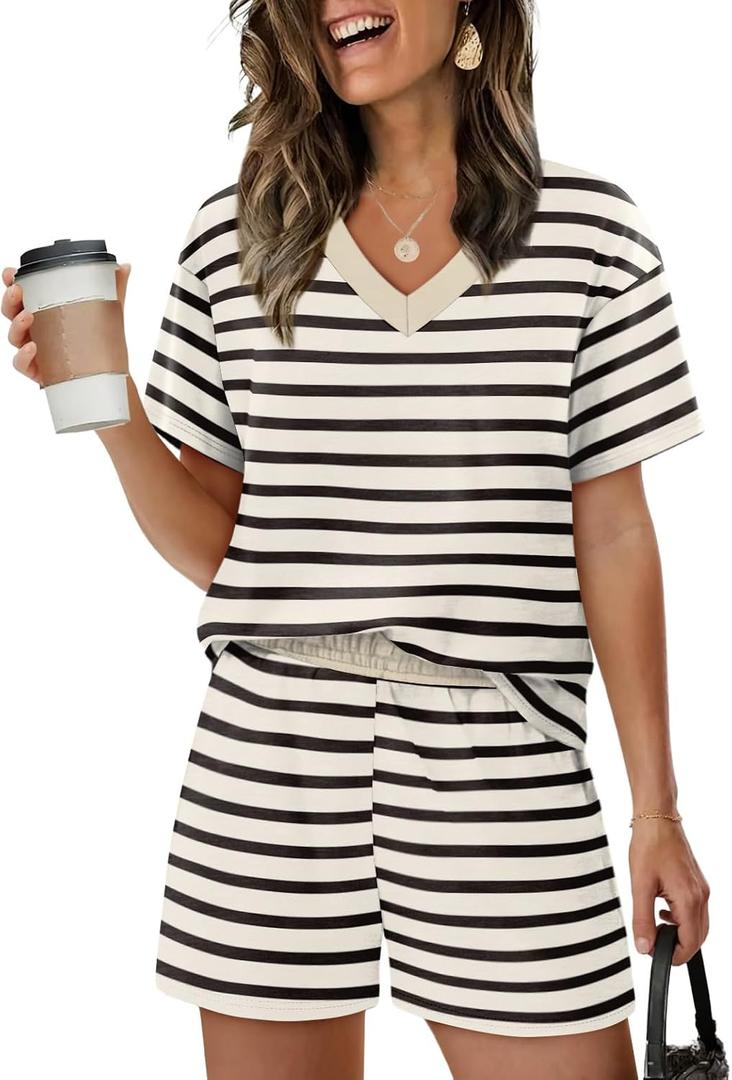 XIEERDUO Lounge Sets for Women Shorts Lightweight Summer Pajamas Set Sleepwear 2 Piece Sets Airport Vacation Outfits (Large, Black Stripes)