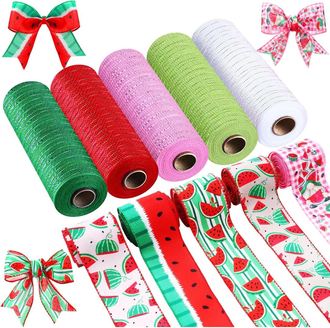 Woanger 10 Rolls Watermelon Stripe Wired Edge Ribbon and Mesh Ribbon for Summer DIY Gift Wrapping, Crafts, Home Wreath, Party Decor - 2.5inx7 Yard and 10inx10 Yard (Colorful)