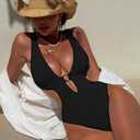 Women Sexy High Cut Cheeky One Piece Swimsuits Monokini Plunge V Neck Cutout Bathing Suit Beach Pool Party Rave Outfits (Black, L)