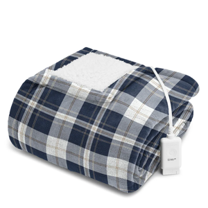 Sunbeam Microplush Sherpa Electric Heated Throw Blanket-Black/White Plaid 60×70"