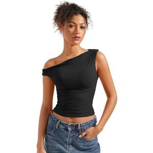 SUUKSESS Women Off Shoulder Tops Sleeveless Shirts Y2K Going Out Crop Tank Top, (Black, Medium) 