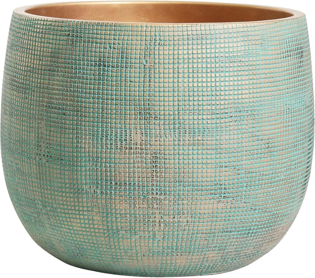 Olly & Rose Bali 10 Inch Ceramic Cement Plant Pot - Indoor & Outdoor Planters - Garden and Flower Pot (Gold Teal)
