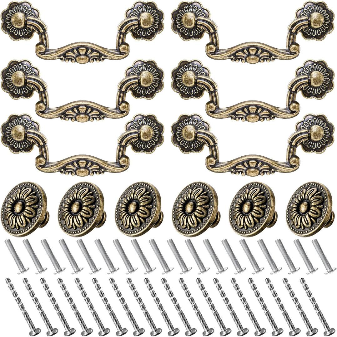 12 Pcs 3" Bail Handle Drop Pulls and 1.38" Vintage Flower Shape Cabinet Drawer Knobs Antique Bronze Cabinet Pull Handles with Screws for Drawer Dresser Closet Wardrobe (Floral Style)
