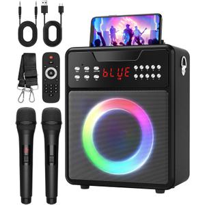 Karaoke Machine for Adults, Portable Bluetooth Speaker with 2 Wireless Microphones and Lights Show, Karaoke Speaker with Bass & Treble, Supports for TWS,USB,FM,REC,AUX in,TF Card for Party/Meeting (Black)