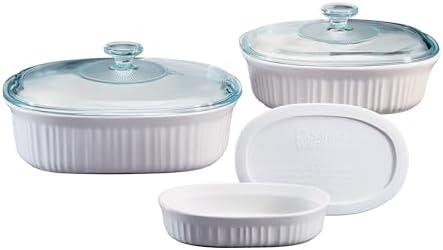 CorningWare Ceramic Bakeware Set with Lids Chip and Crack Resistant Stoneware Baking Dish, Microwave, Dishwasher, Oven, Freezer and Fridge Safe, 5 Piece French White