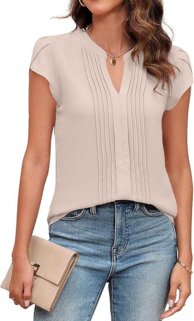 Blooming Jelly Womens Blouses Dressy Causal V Neck Pintuck Short Petal Sleeve Business Tops Ladies Summer Trendy Work Shirt (Medium, Apricot)