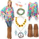 7 Pcs Women Hippie Costume Accessories, 60s 70s Costume Outfit Kit, Including Hippie Tie Dye Poncho, Fringe Boot Covers, Peace Sign Necklace, Turquoise Earrings, Sunglasses, Flower Headband