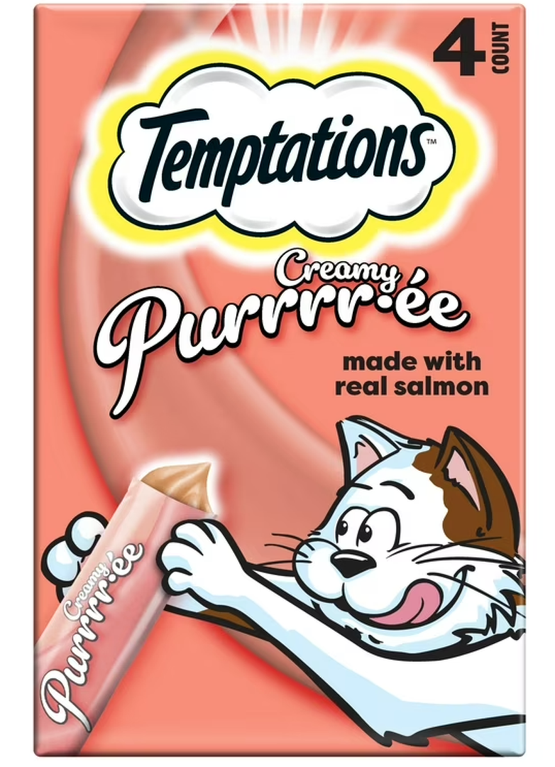 Temptations Creamy Puree Squeezable Lickable Cat Treats, Wet Cat Treats with Salmon, 0.42 oz. Tubes, 4 Count, BB 03/14/26