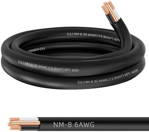 NM-B 6/3 Wire with Ground,Stranded Indoor 6/3 W/G NM-B Cable 10ft,6 AWG Copper Wire 6 Gauge 3 Conductor Nonmetallic Sheathed NM-B Cable,Residential Electrical Wiring for Branch Circuit Switches,Outlet