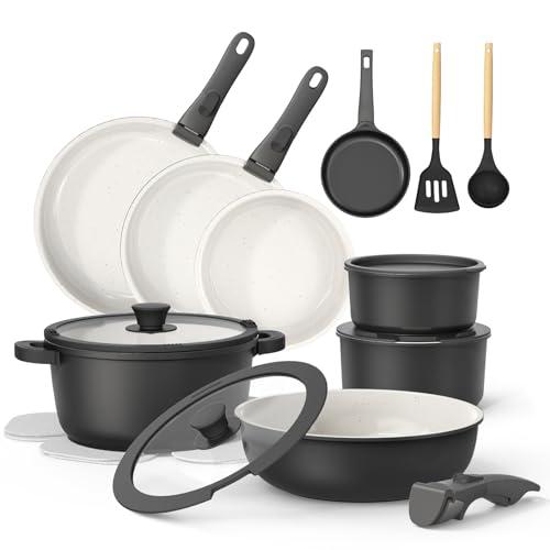 23Pcs Pots and Pans Set Non Stick,Titanium-Reinforced Ceramic Cookware Set with 3 Removable Handles,Scratch-Resistant & PFAS-Free,Induction,Oven,Dishwasher Safe,Stackable Space-Saving for RV & Camping