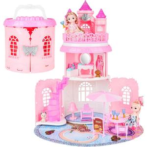 deAO Doll House for Girls Portable Playset Dollhouse Castle Kids Pretend Play with 2 Doll Toy Figures,Living Room,Bedroom,Balcony & Accessories for 3 to 7 Year Olds Kids (Pink)