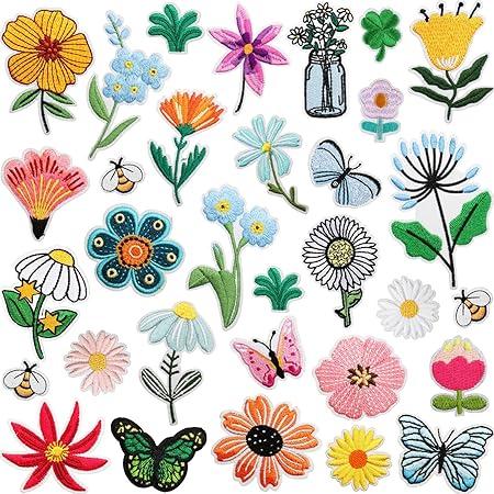 32 Pcs Colorful Flowers Emblem Iron on Sew on Patch Embroidered Fabric Cute Styles Daisy Butterfly Bee Patches for Clothes, Jeans, T-Shirt, Backpacks, Vest, Hats, Sewing Applique DIY Decoration Accessory