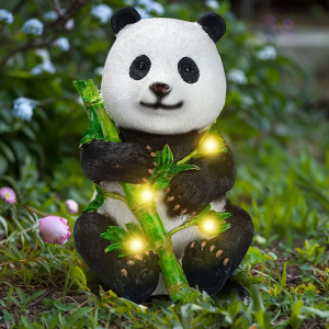 Garden Panda Solar Lights Bamboo Statues Cute Sculptures Waterproof Resin for Indoor Outdoor Porch Patio Lawn Yard Decorations (Sitting)
