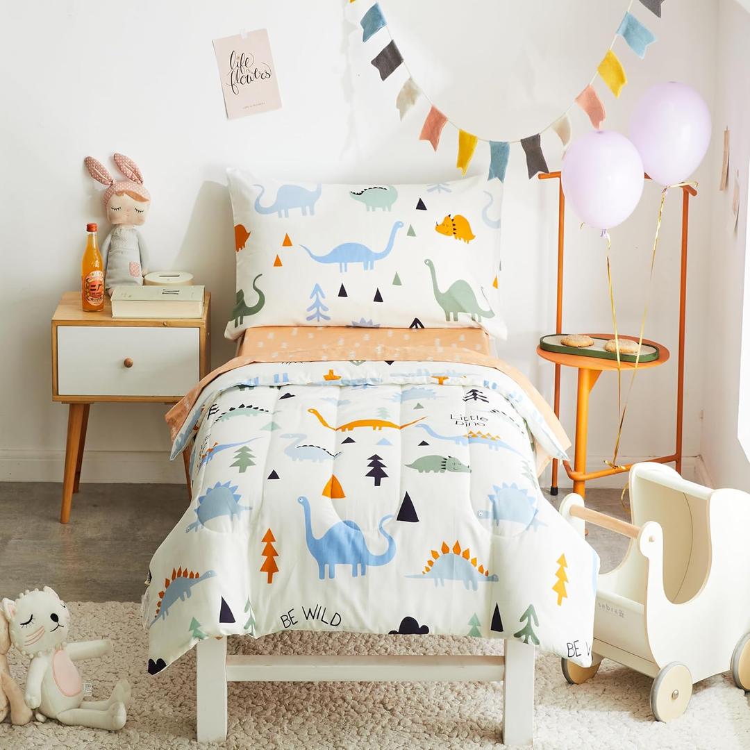 Joyreap 4 Piece Cotton Toddler Bedding Set for Kids Boys n Girls, Dinosaur Theme Cream White n Orange Reversible Design, Includes Quilted Comforter, Fitted Sheet, Top Sheet, and Pillow Case (Colorful Dinosaur 02)