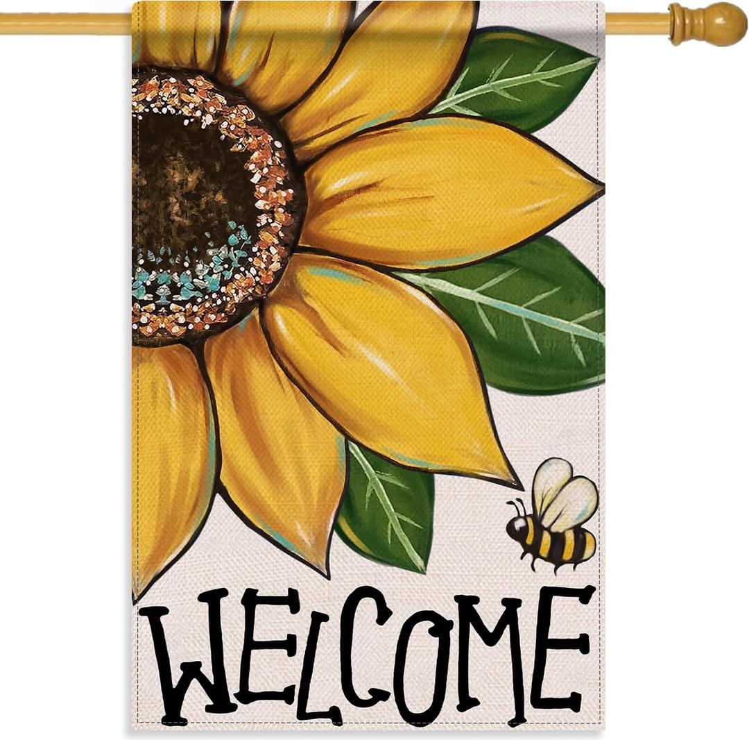 Welcome Spring Summer Sunflower Decorative House Flag, Bee Garden Yard Outside Decorations, Farmhouse Outdoor Large Home Decor Double Sided 28 x 40