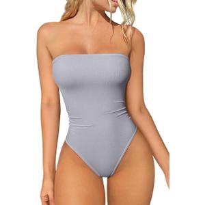 OQQ Womens Tube Bodysuits Strapless Basic Sleeveless Ruched Stretch Classic-Fit Tops Sexy Bodysuits (Medium, Grey)