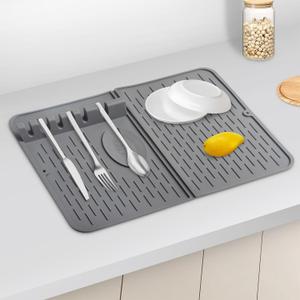 Silicone Dish Drying Mat for Kitchen Counter, Collapsible Dish Drainer Mat, Dish Drying Rack, Non-Slip, Easy to Clean (18.7x13.2 Inch) (Gray)