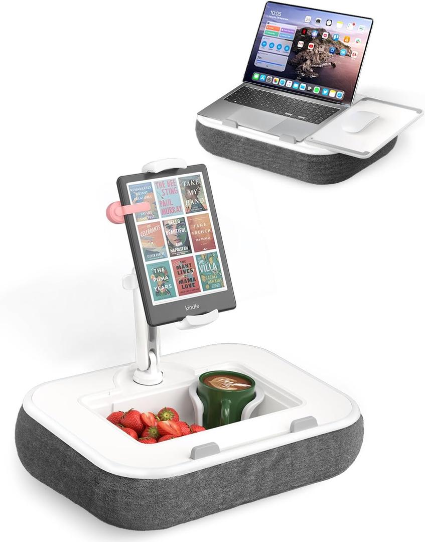 SupeDesk Laptop Lap Desk, Adjustable iPad Holder for Bed, 360 Swivel Tablet Arm, Laptop Desk with Mouse Pad, Snack Bowl & Cup Holder, Fits 4.713 Tablets & 15 Laptop