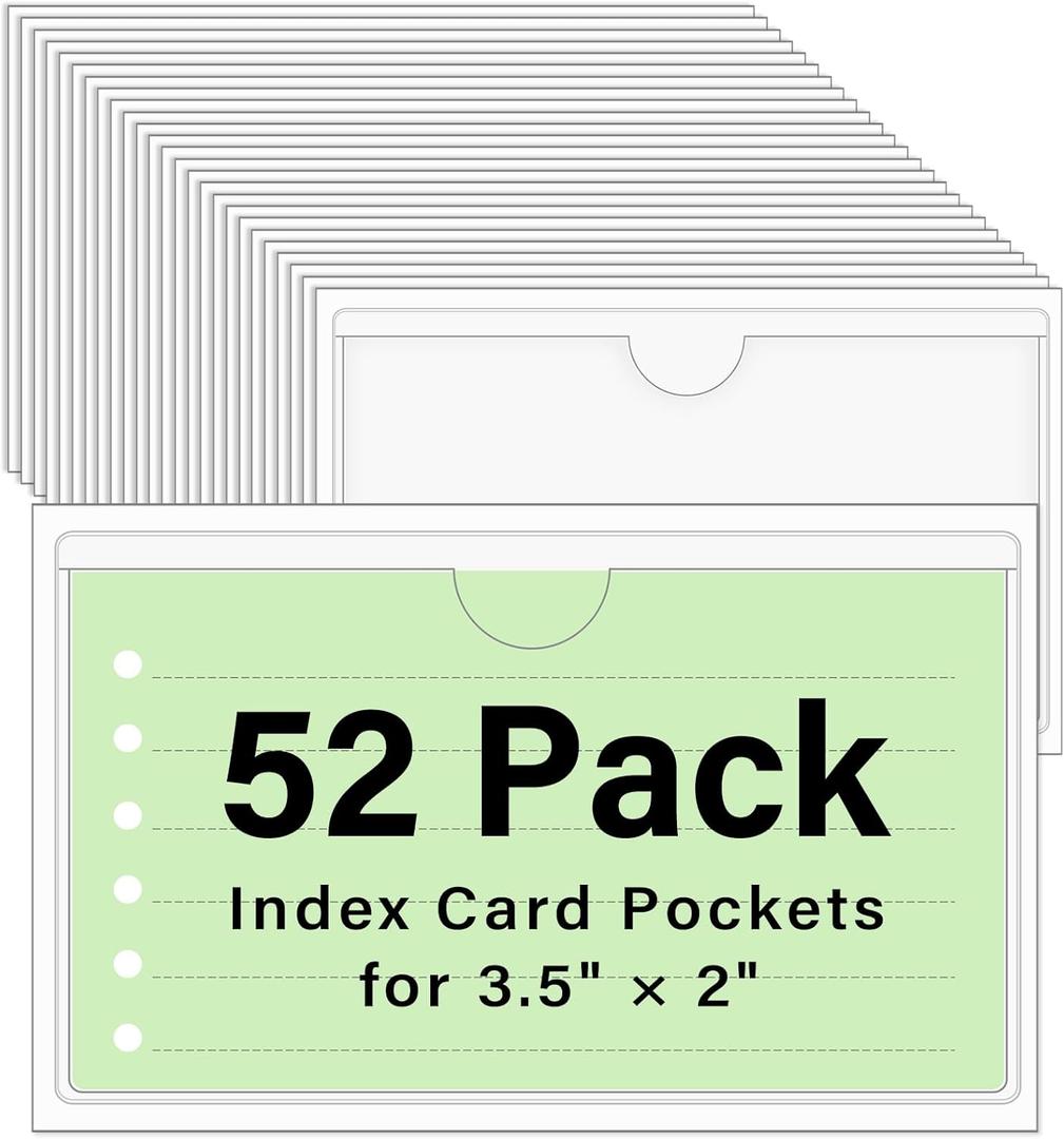 Ohuimrt 52 Pack Storage Bin Labels, Clear Adhesive Pockets for 3.5" x 2" Index Card, Tote Labels Top Open Index Card Holder Organizer