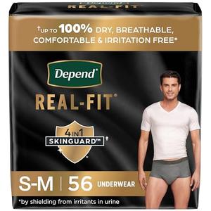 Depend Real Fit Incontinence Underwear for Men, Disposable, Maximum Absorbency, Small/Medium, Grey, 56 Count (2 Packs of 28), Packaging May Vary