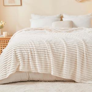 BEDELITE King Size Blanket for Bed, 300GSM Soft & Warm Fleece Blanket, Decorative and Giftable Striped Cream White Blankets for Women, Men, 108"x90"