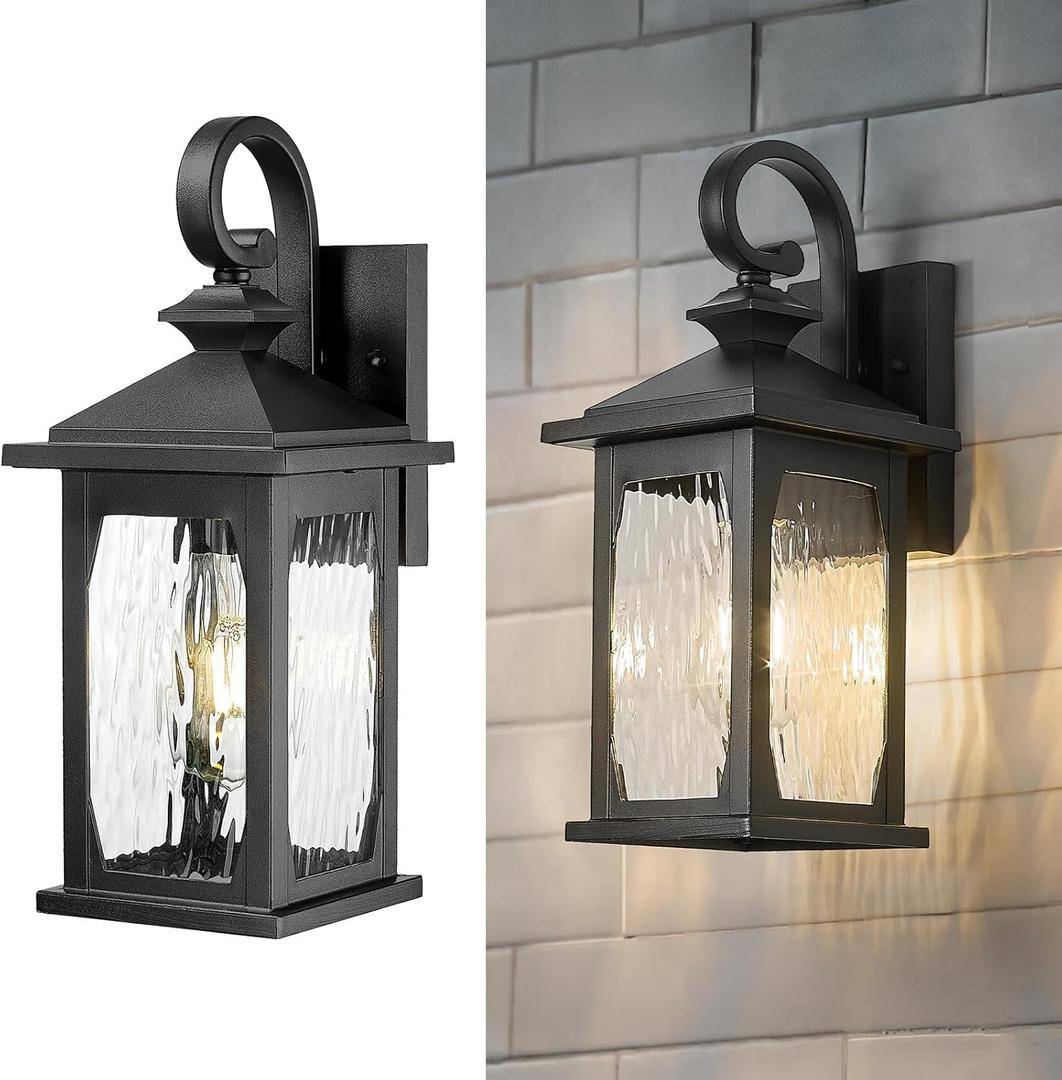 zeyu 2 Pack Outdoor Light Fixtures, Exterior Front Porch Lightings for Garage Doorway, Die-Cast Aluminum with Water Ripple Glass, Black Finish, ZD99B-2PK BK-WP