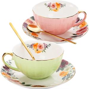 Lyellfe Set of 2 Tea Cup and Saucers, 8 Oz Floral Tea Cups with Gold Trim and Spoon, Porcelain British Coffee Cups, Cappuccino Espresso Latte Cup Mugs for Party Birthday Wedding Gifts (Pink+Green)