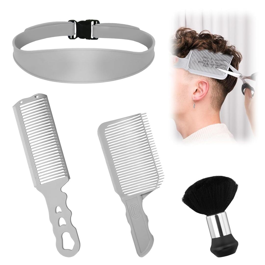 Fade Comb for Men-4PCS Fade Guide for Men Haircut Kit Includes Silicone Haircut Band,Barber Comb and Hairdressing Brush,Self Hair Cutting Tools for Home & Salon Use(Gray Hairband)