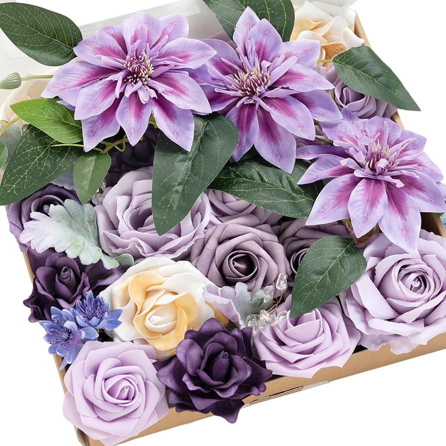 Ling's moment Artificial Flowers Box Set for DIY Wedding Bouquets Centerpieces Arrangements Party Baby Shower Home Decorations (Dreamy Purple)