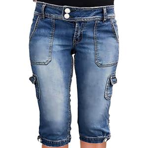Flamingals Women's Star Flap Pocket Side Vintage Summer Low Waist Skinny Cargo Capris Jeans (Blue, XL)