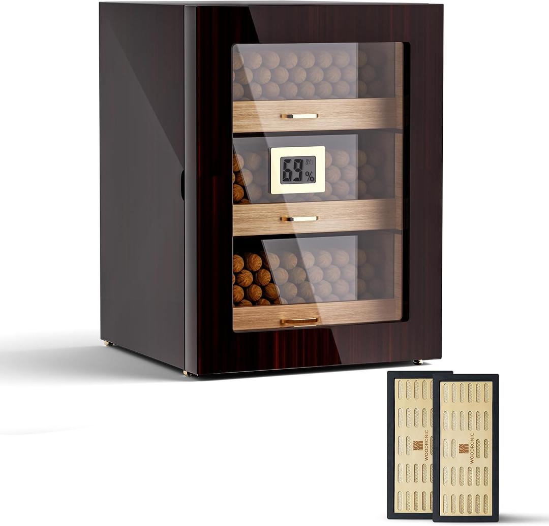 Woodronic Cigar Humidor Cabinet for 150 Counts with Spanish Cedar Lining, Crystal Gel Humidifiers, Digital Hygrometer & Larger Drawers, Glossy Ebony Finish, Desktop Cigar Gift for Men