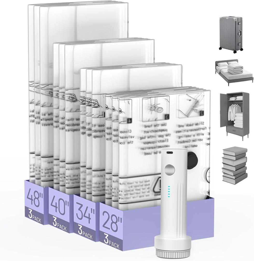 Vacuum Seal Bags For Clothing Travel, 12 Pack Vacuum Storage Bags With Eectric Pump, Carry-on Size Space Saver bag For Moving, Compression Packing Clothes for Luggage Suitcase Backpack Totes White