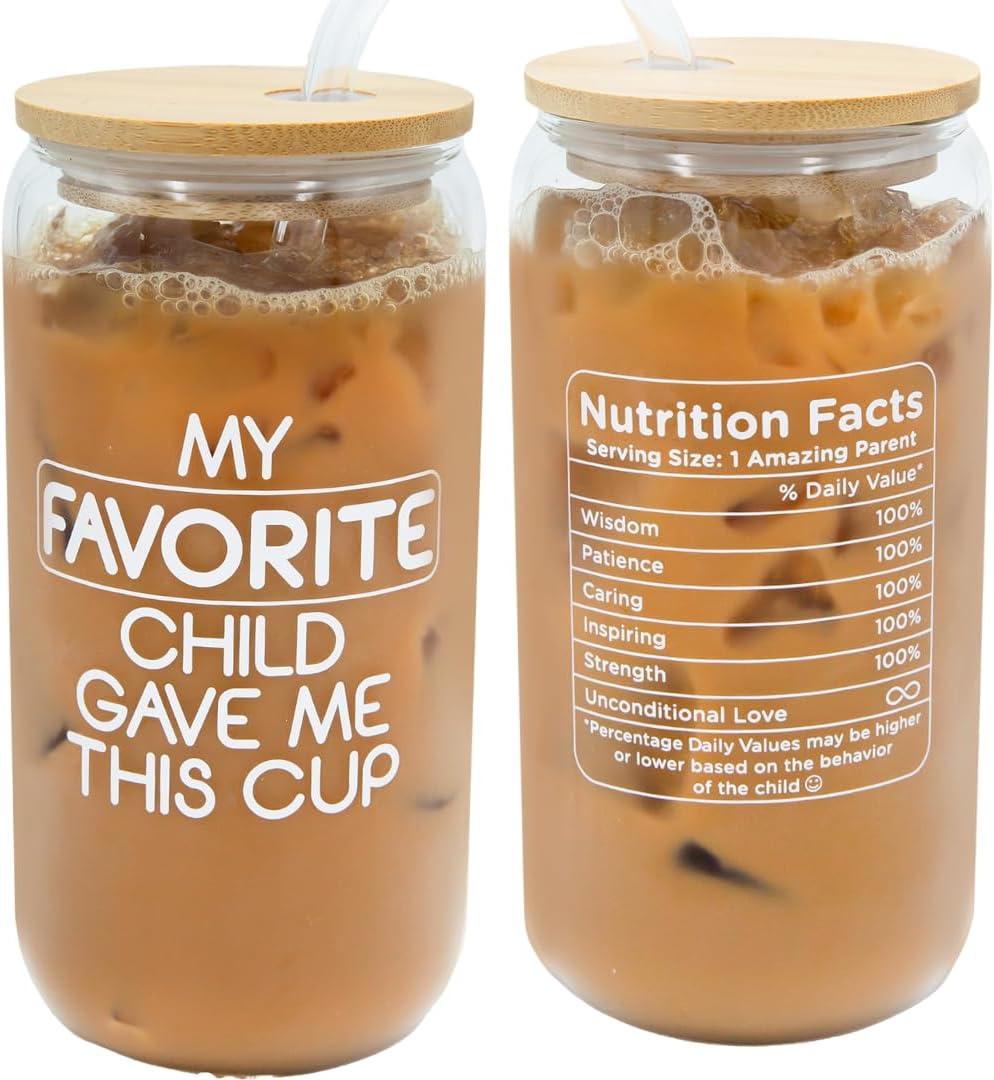 Mothers Day Gifts for Mom from Son, Mom Cup, for Dad from Daughter -16 oz Coffee Glass, Momma Gifts, Daddy Gift, Funny Mother Gift, From Favorite Child Coffee Glass