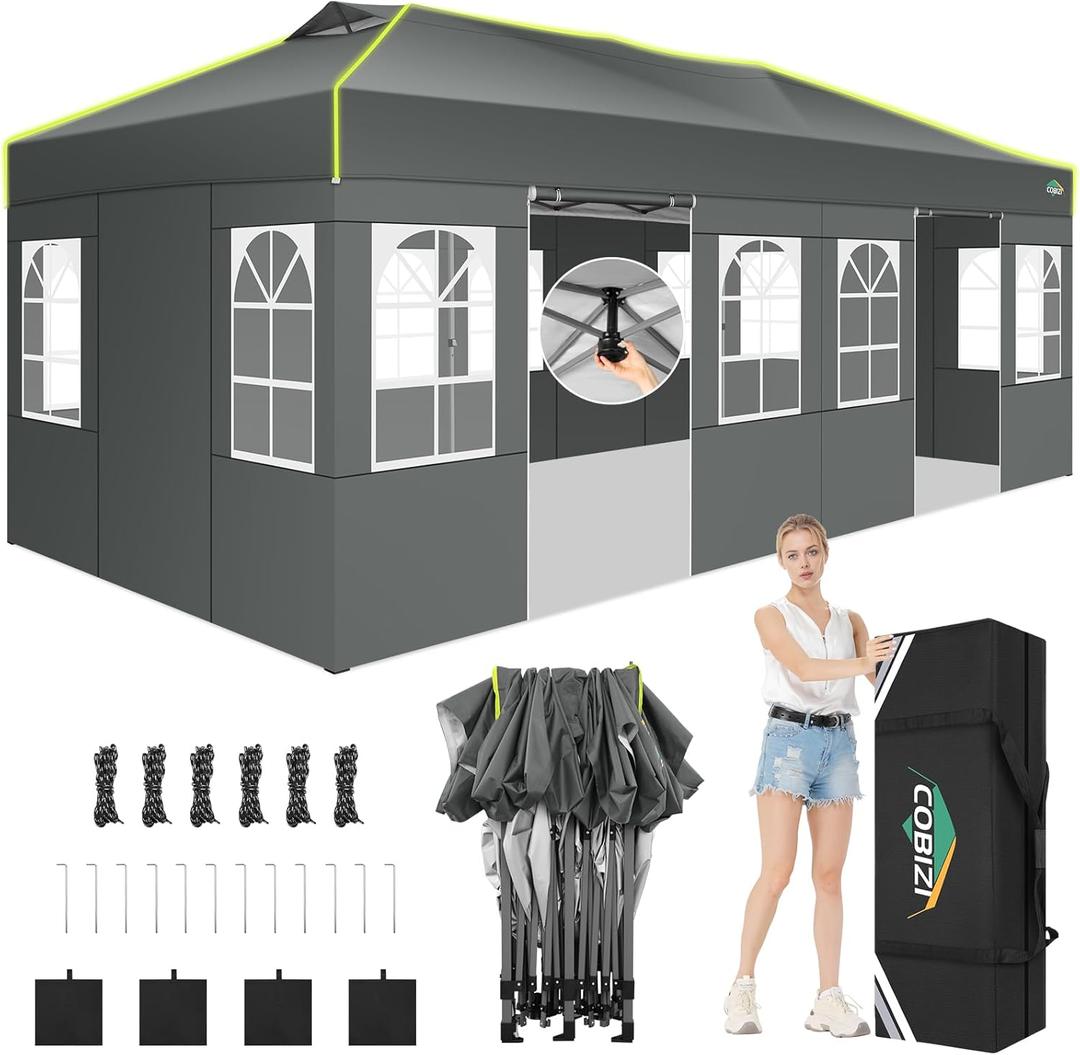COBIZI 10x20 Pop Up Canopy Tent, Outdoor Party Tent with 6 Sidewall One Push Setup Glow, 3 Adjustable Height Air Vent Waterproof UPF50+, Bag, 4 Sandbag, 6 Stake, 12 Rope for Beach, Commercial