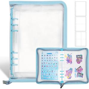 Sticker Storage Organizer Binder A5 Reusable Sticker Book Collecting Holder Keeper Album with Pocket Zipper for Adult (blue)