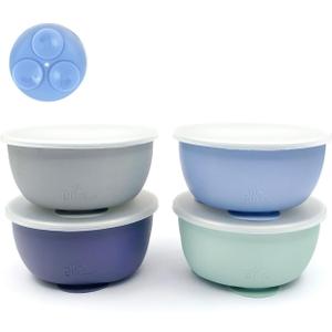 Elk and Friends Stainless Steel Bowls with Silicone Sleeve for Babies & Toddlers | Lids Included | Stay Put Suction | Cereal & Snack Bowls | 4 Pack (Sage/MistyBlue/Navy/Gray)