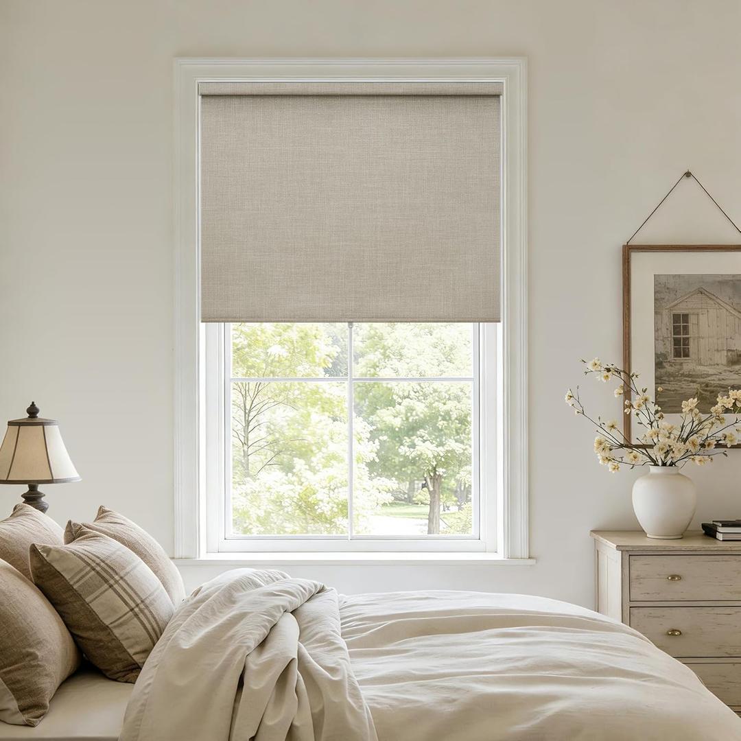 Blackout Roller Shades for Bedroom Window Cordless Free-Stop Blinds with Valance UV Protection 100% Black Out Linen Shades Blinds for Indoor Bathroom Windows Living Room Beige Oatmeal 34" W x 72" H