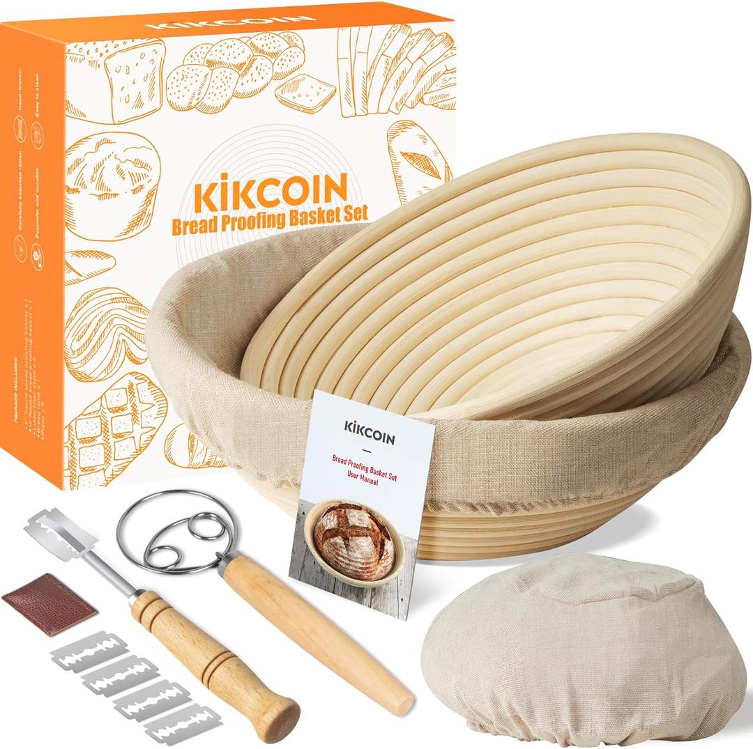 Bread Proofing Basket, Kikcoin Banneton Bread Proofing Basket Set of 2, 9 Inch & 10 Inch Round Sourdough Proofing Basket with Linen Liner, Bread Lame, Dough Whisk