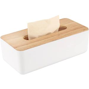Pojah Wooden Rectangular Tissue Box Holder for Storage on Bathroom Vanity, Countertop, Bedroom Dresser (Medium, 10.2x5.1x3.3 inch) (White)