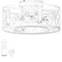 Coolbull White Caged Ceiling Fans with Lights and Remote Outdoor Enclosed Bladeless 18 Inch Low Profile Flush Mount Fixture Small Fandelier LED Ceiling Fan Light for Kitchen Farmhouse Bedroom