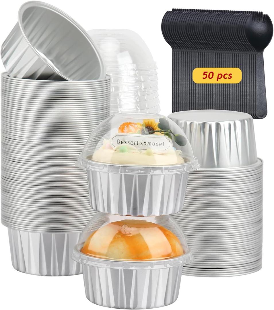 Cupcake Liners with Dome Lids 50 Pack,Free-Air 5oz Aluminum Foil Baking Cups Muffin Tin,Souffle Dessert Pudding Ramekin Holders for Individual Bakery Wedding Birthday Party,with 50 Spoons-Silver