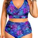 Tempt Me Plus Size High Waisted Bikini - Women Two Piece Swimsuit Tummy Control Bathing Suit 2025 Swimwear (Blue Leaves)