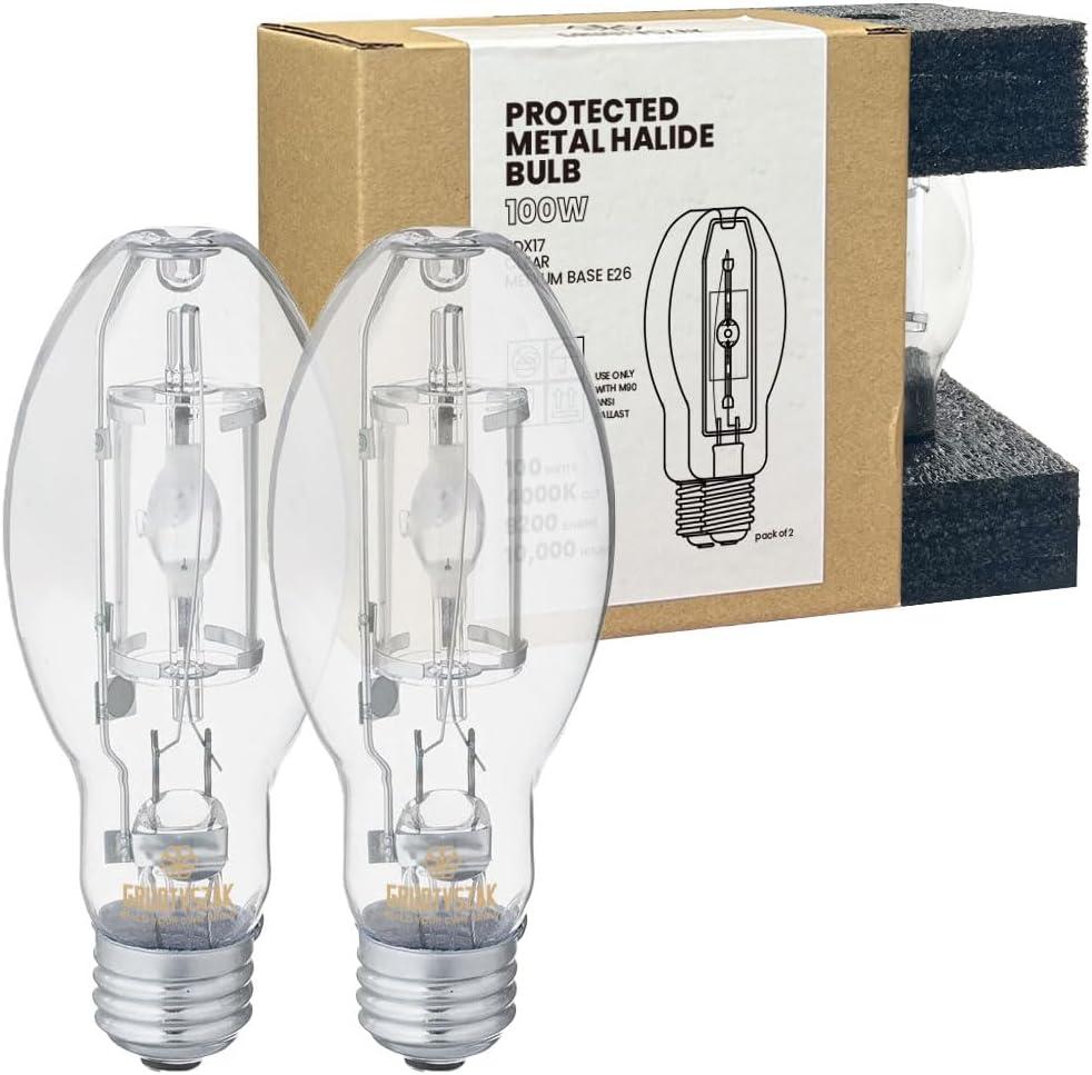 Protected MP100/U/MED 100 Watt Metal Halide EDX17, Medium Base(E26), Dusk to Dawn Bulb, 4000K, 9200 Lumen, ANSI Code M90 Clear Bulb 2 Pack