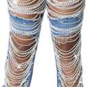 DINGANG Women's Cut Out Straight Leg Ripped Jeans with Rhinestones Pearl Bling Distressed Stretchy Denim Pants (Blue)