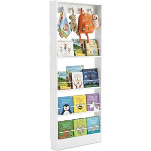 Behind The Door Bookshelf Kids Wooden Behind Door Bookcase 4-Tier White, 23.6''Lx3.94''Dx60.83''H