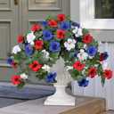 HyeFlora Artificial Flowers for Outdoors 2PCS Spring Faux Morning Glory Look Real Silk Flowers for Outside Planter UV Resistant Fake Flowers for Home Garden Balcony Yard Porch Deco (RedBlueWhite)