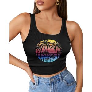 Flafens Crop Tops for Women Summer Tank Tops - Cute Ribbed U Neck Graphic Sleeveless T Shirts Yoga Gym Short Tanktops (Black, L)
