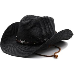 Straw Cowboy Hats Straw Cowgirl Hat for Women Men Wide with Shapeable Wide Brim Foldable Vacation Beach Sun Hat (One Size, Black)
