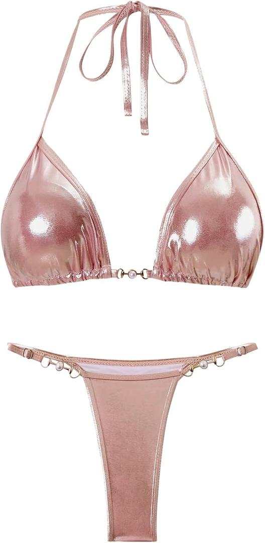 Amy Babe Women's Metallic Triangle Beaded Halter Bikini Sets Brazilian String Thong Two Piece Swimsuit Bathing Suit Set, Size: 2-4