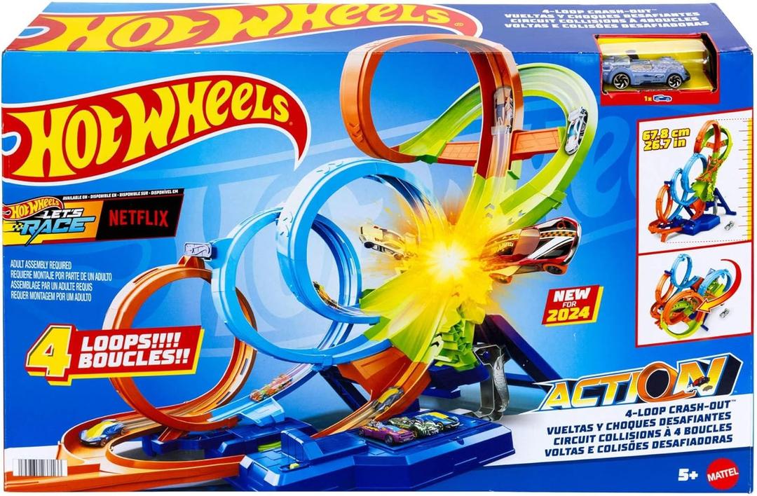 Hot Wheels Track Set with 4 Loops, 3-Way Crash Zone & Motorized Booster, Folds for Storage, with 1:64 Scale Toy Car